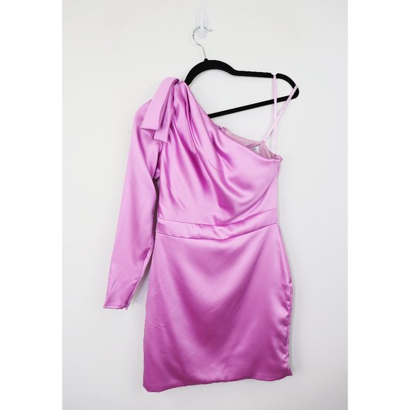 NWT Ienna for Mac Duggal 26500 One Shoulder Long Sleeve Satin Mini Dress Orchid - Picture 3 of 8